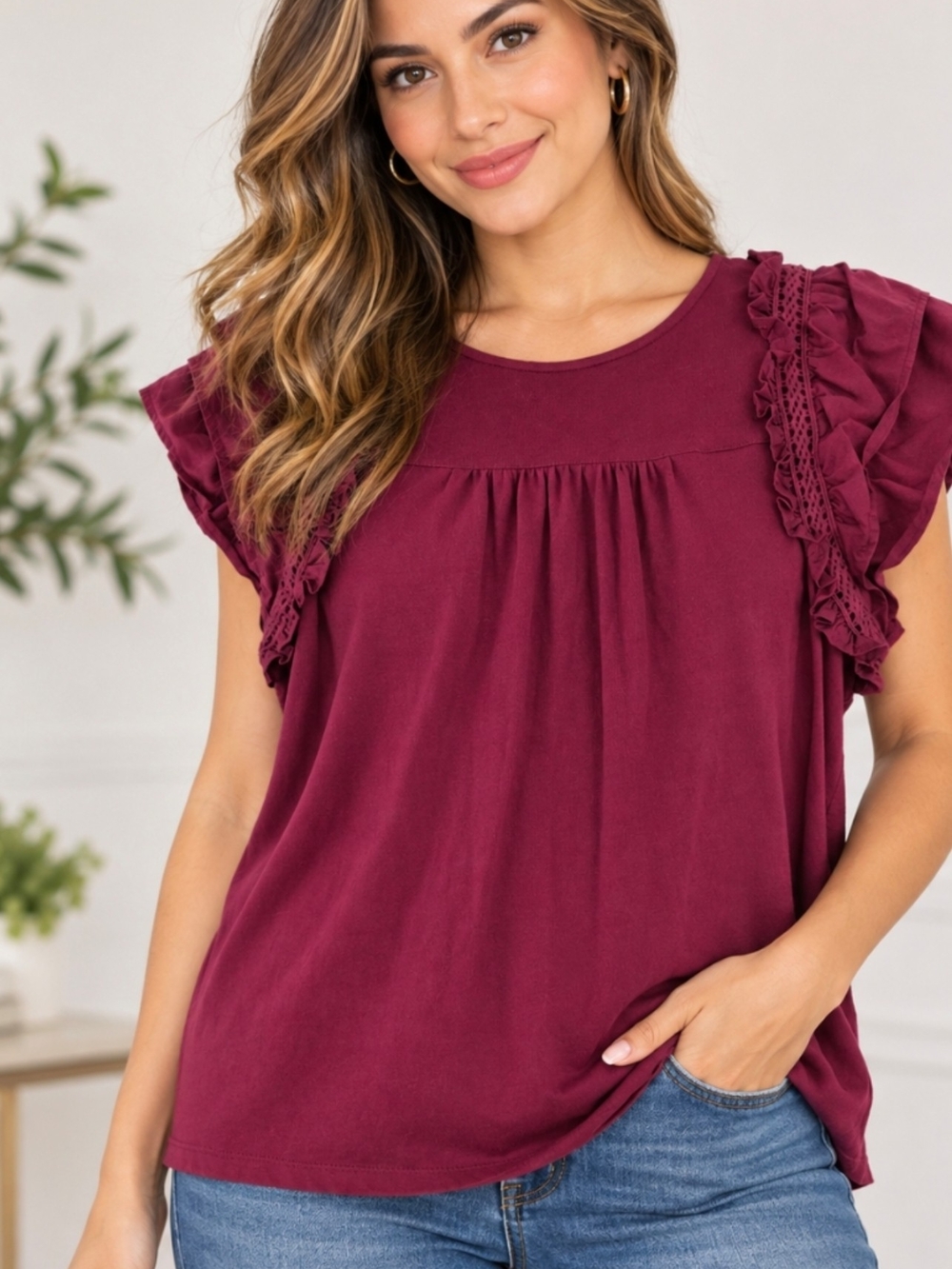 LOFT Women’s Small Burgundy Ruffle Lace Trim Blouse Short Sleeve Peplum Top